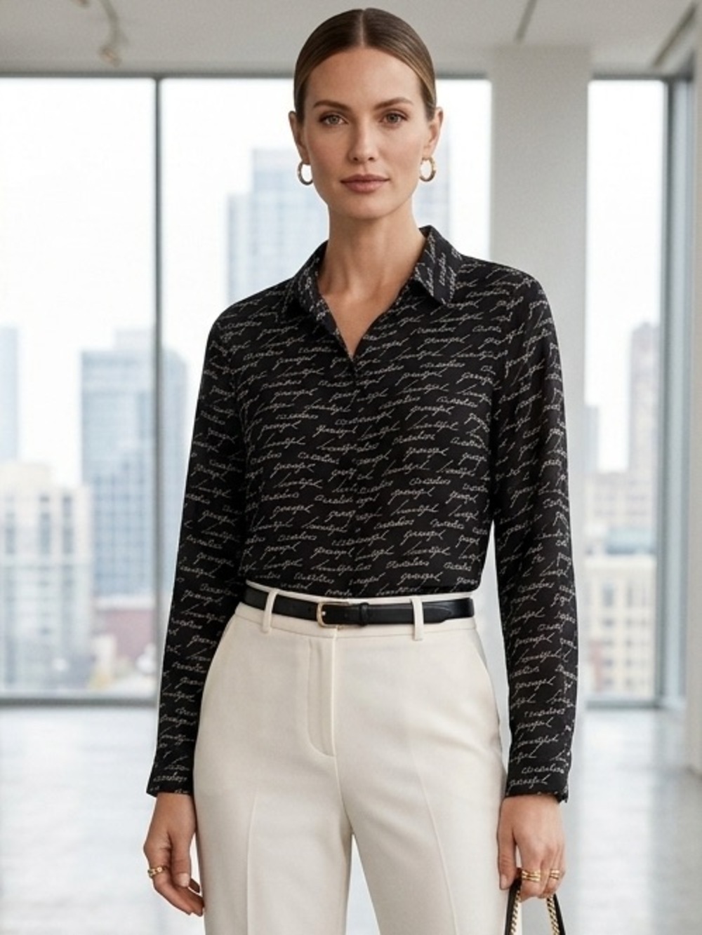 Chico's Script Print Button Down Shirt Blouse Black White Size S